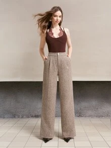 MOTF PREMIUM Quần tây nữ dáng suông vải tweed họa tiết hoa phong cách công sở thường ngày đi làm mùa thu/đông - Xám - Xem 5