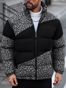 Manfinity Homme معطف شتوي مبطن للرجال بطبعة نمر وألوان متباينة للاستخدام اليومي الكاجوال - رمادي - مشاهدة 6