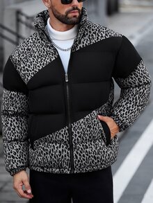 Manfinity Homme معطف شتوي مبطن للرجال بطبعة نمر وألوان متباينة للاستخدام اليومي الكاجوال - رمادي - مشاهدة 7