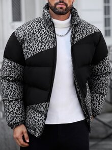 Manfinity Homme معطف شتوي مبطن للرجال بطبعة نمر وألوان متباينة للاستخدام اليومي الكاجوال - رمادي - مشاهدة 3