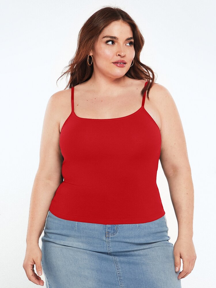 SHEIN BASICS Plus Size Solid Color Slim Spaghetti Strap Baggy Básica Smart Traditional Tank Top Summer Birthday Evening Formal Vacation Red Casual - Red - View 5