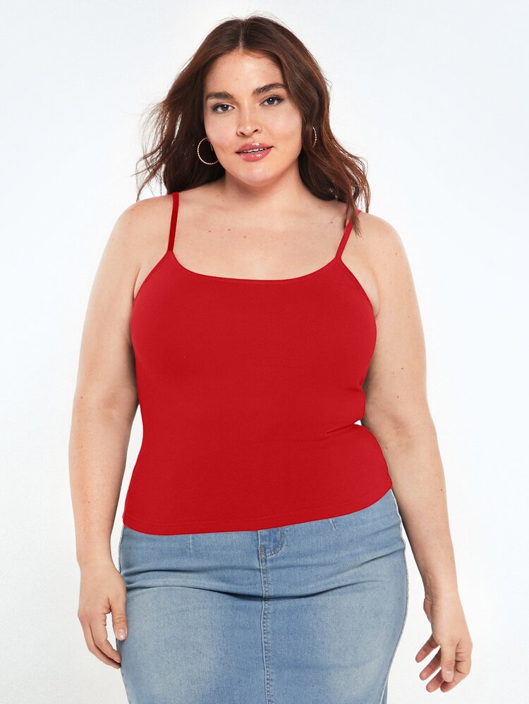 SHEIN BASICS Plus Size Solid Color Slim Spaghetti Strap Baggy Básica Smart Traditional Tank Top Summer Birthday Evening Formal Vacation Red Casual - Red - View 8
