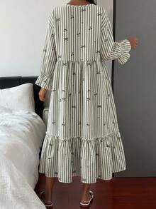 Livesso 女款條紋滿版印花休閒日常居家睡裙 - 綠色 - 查看 2