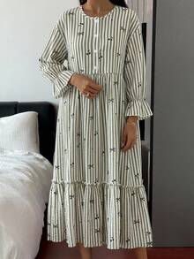 Livesso 女款條紋滿版印花休閒日常居家睡裙 - 綠色 - 查看 6