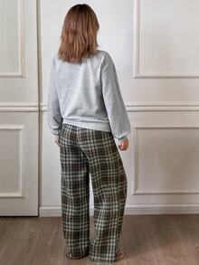 DAZY 2pcs Women's Pajama Set, Loose Long Sleeve Sweatshirt With English Graphic And Straight Leg Plaid Long Pants - Multicolor - View 2