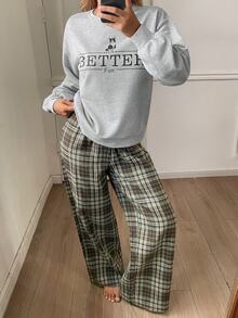 DAZY 2pcs Women's Pajama Set, Loose Long Sleeve Sweatshirt With English Graphic And Straight Leg Plaid Long Pants - Multicolor - View 6