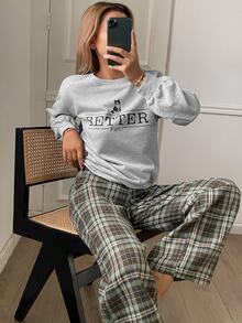 DAZY 2pcs Women's Pajama Set, Loose Long Sleeve Sweatshirt With English Graphic And Straight Leg Plaid Long Pants - Multicolor - View 3