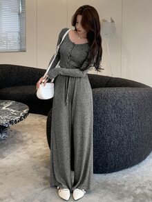 Joudiya 女士休闲纯色长袖上衣和阔腿裤两件套，秋季女士家居服套装 - 深灰色 - 查看 3
