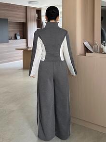 Livesso Colorblock Patchwork Sports Casual Cardigan Jacket & Long Pants 2 Pieces Set, Spring/Autumn New College Style - Grey - View 2