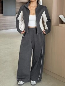 Livesso Colorblock Patchwork Sports Casual Cardigan Jacket & Long Pants 2 Pieces Set, Spring/Autumn New College Style - Grey - View 8