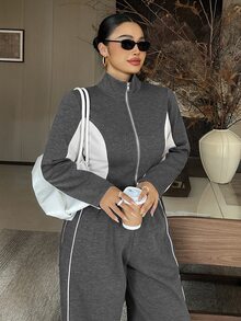 Livesso Colorblock Patchwork Sports Casual Cardigan Jacket & Long Pants 2 Pieces Set, Spring/Autumn New College Style - Grey - View 1