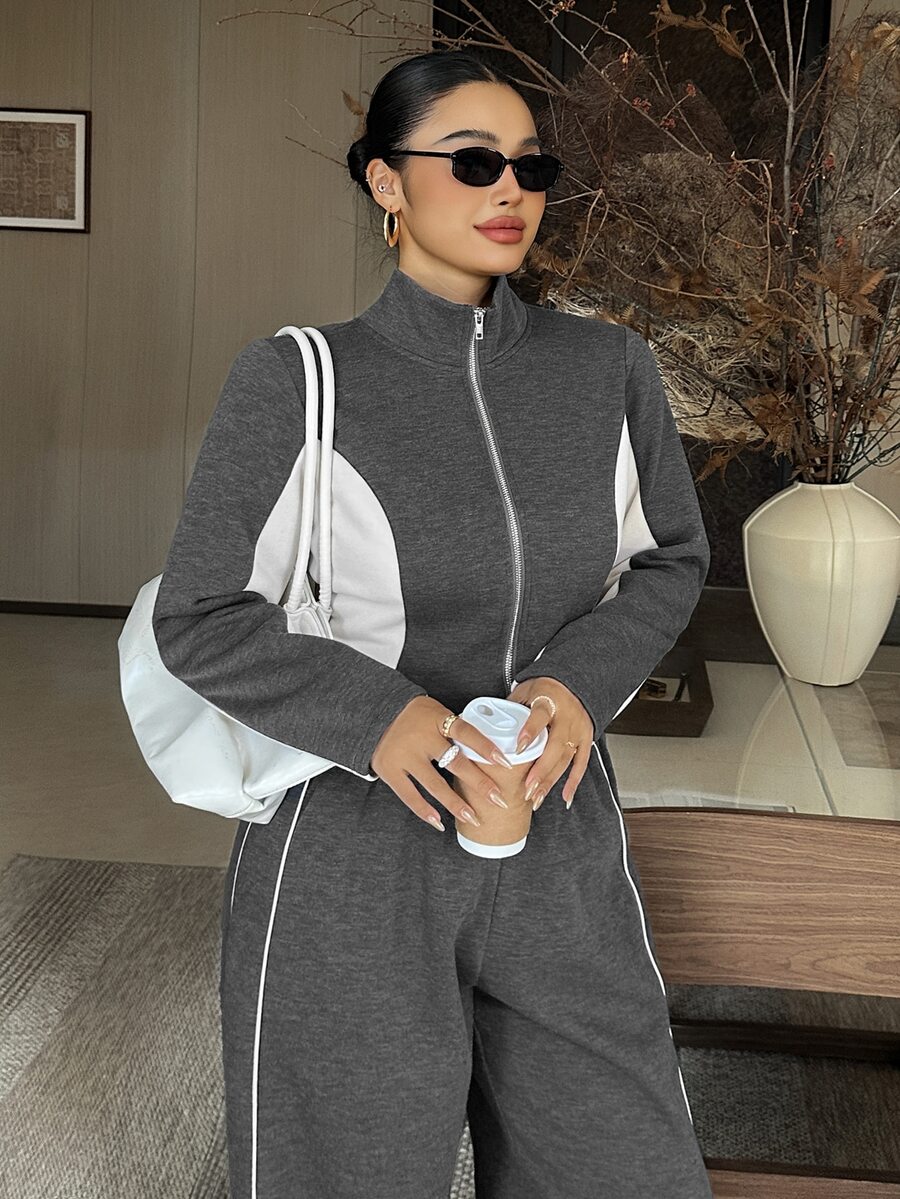 Livesso Colorblock Patchwork Sports Casual Cardigan Jacket & Long Pants 2 Pieces Set, Spring/Autumn New College Style - Grey - View 1