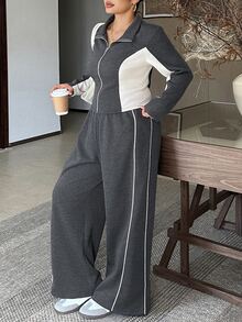 Livesso Colorblock Patchwork Sports Casual Cardigan Jacket & Long Pants 2 Pieces Set, Spring/Autumn New College Style - Grey - View 5