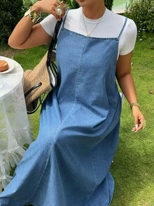 Dazy Plus Vintage Washed hellblaues Denim-Trägerkleid in lockerer Passform mit Lagenlook, Damen Große Größen, Frühling/Sommer - Helle Waschung - Übersicht 7
