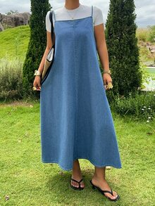 Dazy Plus Vintage Washed hellblaues Denim-Trägerkleid in lockerer Passform mit Lagenlook, Damen Große Größen, Frühling/Sommer - Helle Waschung - Übersicht 8
