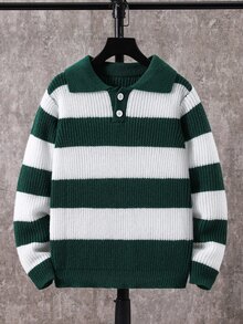 SHEIN 兒童青少年男孩休閒韓系學院風 Polo 領長袖針織衫，適合通勤、上學、日常休閒外出、運動，秋冬款 - 綠色 - 查看 3