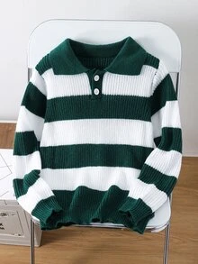 SHEIN 兒童青少年男孩休閒韓系學院風 Polo 領長袖針織衫，適合通勤、上學、日常休閒外出、運動，秋冬款 - 綠色 - 查看 5