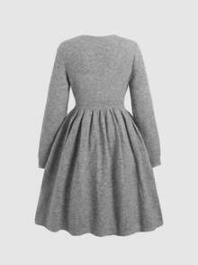 Kids Tween Girl Long Sleeve Cinched Waist A-Line Large Floral Round Neck Dark Gray Knit Autumn Dress - Grey - View 2