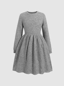 Kids Tween Girl Long Sleeve Cinched Waist A-Line Large Floral Round Neck Dark Gray Knit Autumn Dress - Grey - View 5