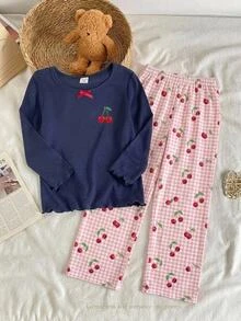 SHEIN Kids Tween Girl Navy Blue Ribbed Cherry Print Long Sleeve Top And Ribbed Long Pants Loungewear Set - Multicolor - View 7