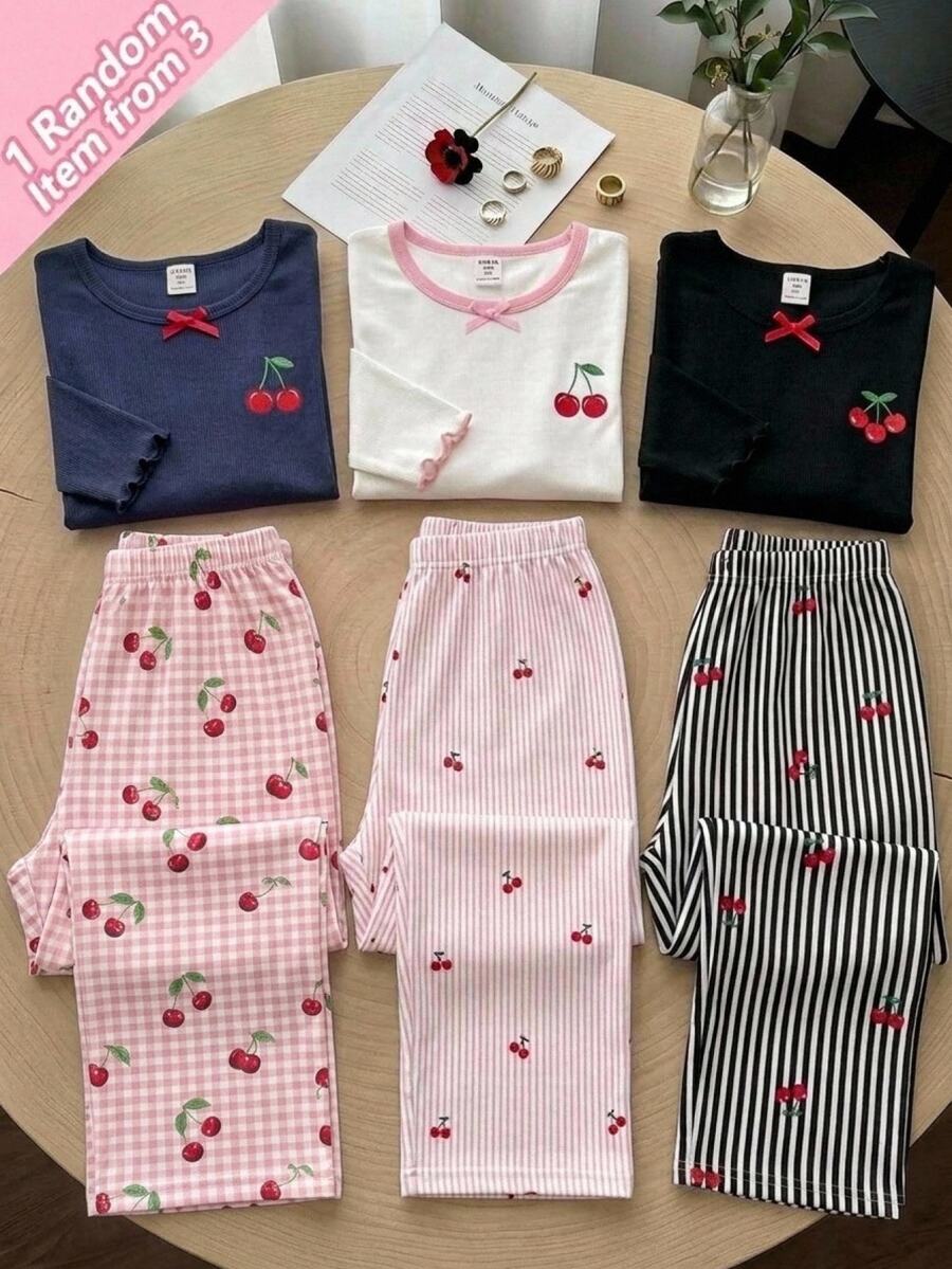 SHEIN Kids Tween Girl Navy Blue Ribbed Cherry Print Long Sleeve Top And Ribbed Long Pants Loungewear Set - Multicolor - View 1