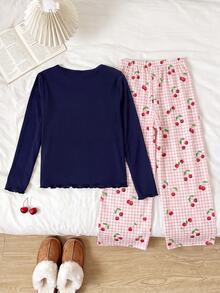 SHEIN Kids Tween Girl Navy Blue Ribbed Cherry Print Long Sleeve Top And Ribbed Long Pants Loungewear Set - Multicolor - View 4