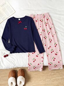 SHEIN Kids Tween Girl Navy Blue Ribbed Cherry Print Long Sleeve Top And Ribbed Long Pants Loungewear Set - Multicolor - View 6