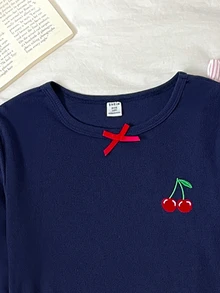 SHEIN Kids Tween Girl Navy Blue Ribbed Cherry Print Long Sleeve Top And Ribbed Long Pants Loungewear Set - Multicolor - View 3