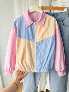 SHEIN Kids Tween Girl Colorful Striped Patchwork Long Sleeve Autumn Jacket, Versatile For Outings, Back To School Season, Casual Daily Wear For Tween Girl - Multicolor - View 8