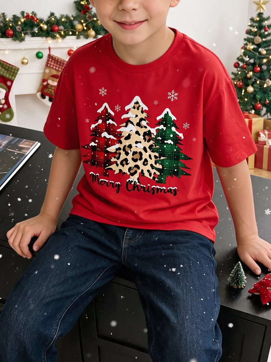 Young Boy Short Sleeve T-Shirt Casual Minimalist Suitable For Summer, Classic Christmas Element Pattern Print, Classic Christmas Tree Pattern Print, Classic Merry Christmas Text Pattern Print, Suitable For Autumn/Winter, Suitable For Christmas - Multicolor - View 1