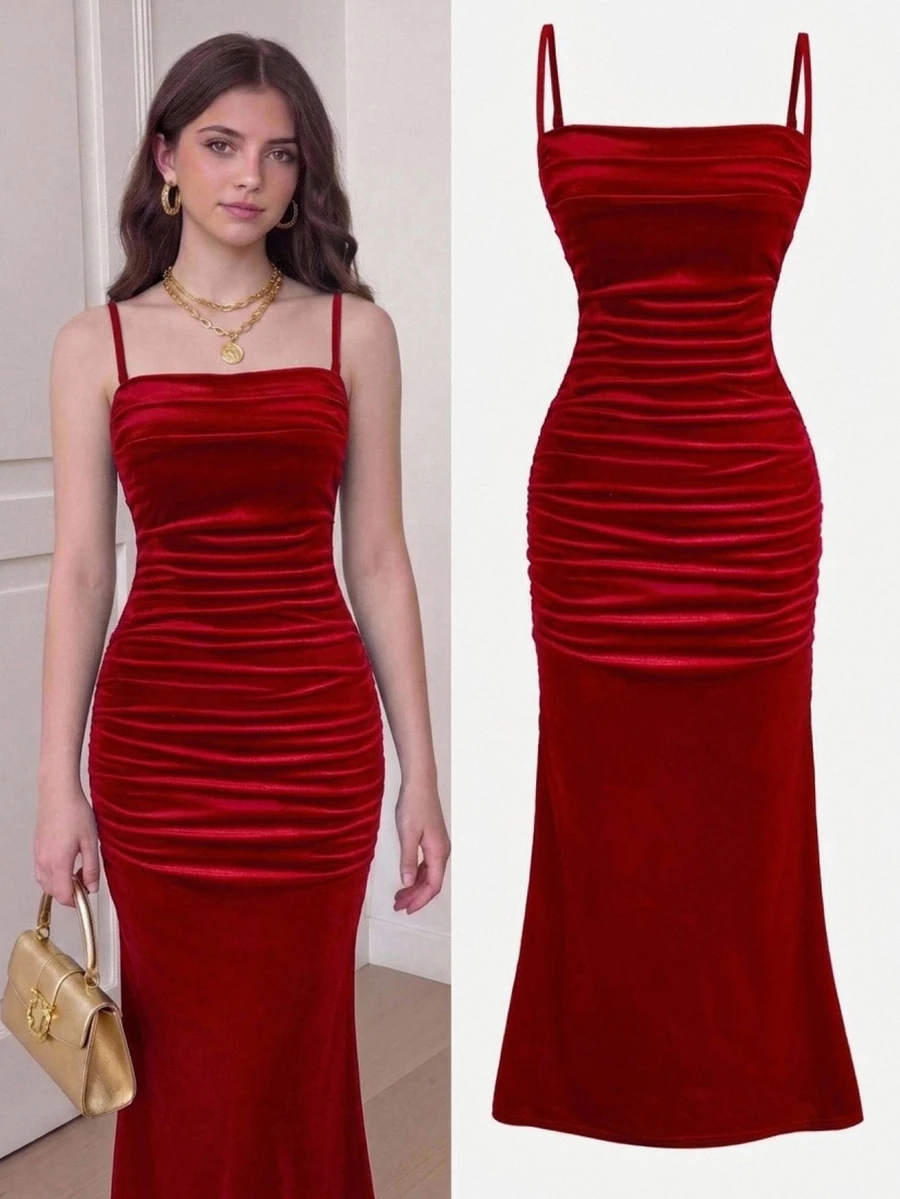 SHEIN Girlism Teen Girls Knitted Ruched Mermaid Hem Elegant Glamorous Party Spaghetti Strap Ruched Long Autumn Dress - Red - View 1