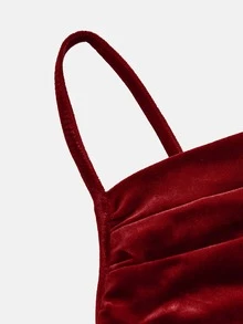 SHEIN Girlism Teen Girls Knitted Ruched Mermaid Hem Elegant Glamorous Party Spaghetti Strap Ruched Long Autumn Dress - Red - View 4