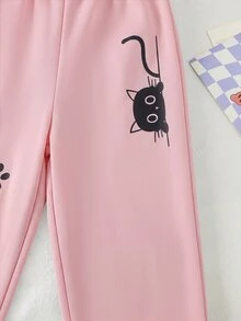 SHEIN 女嬰貓咪圖案休閒日常外出長褲，萬聖節，粉色，黑貓，運動長褲 - 粉色 - 查看 4