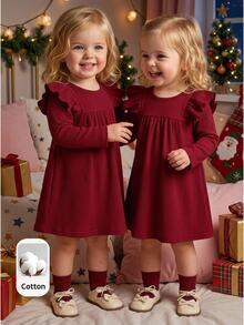 SHEIN Baby Girl Solid Color Knit Round Neck Ruffle Hem Casual Winter Dress,Red,Fall Clothes,Long Sleeve,Toddler Girl Clothes - Burgundy - View 1