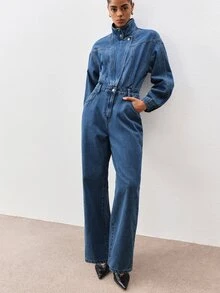 ATUI Studio Women's Long Sleeve Stand Collar Pocket Casual Denim Jumpsuit - Blue - View 4