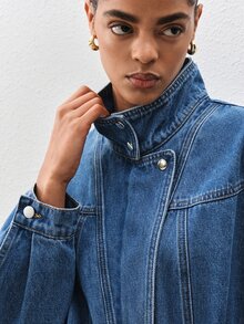 ATUI Studio Women's Long Sleeve Stand Collar Pocket Casual Denim Jumpsuit - Blue - View 3