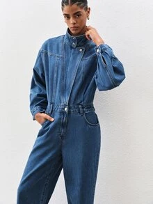 ATUI Studio Women's Long Sleeve Stand Collar Pocket Casual Denim Jumpsuit - Blue - View 5