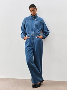 ATUI Studio Women's Long Sleeve Stand Collar Pocket Casual Denim Jumpsuit - Blue - View 1