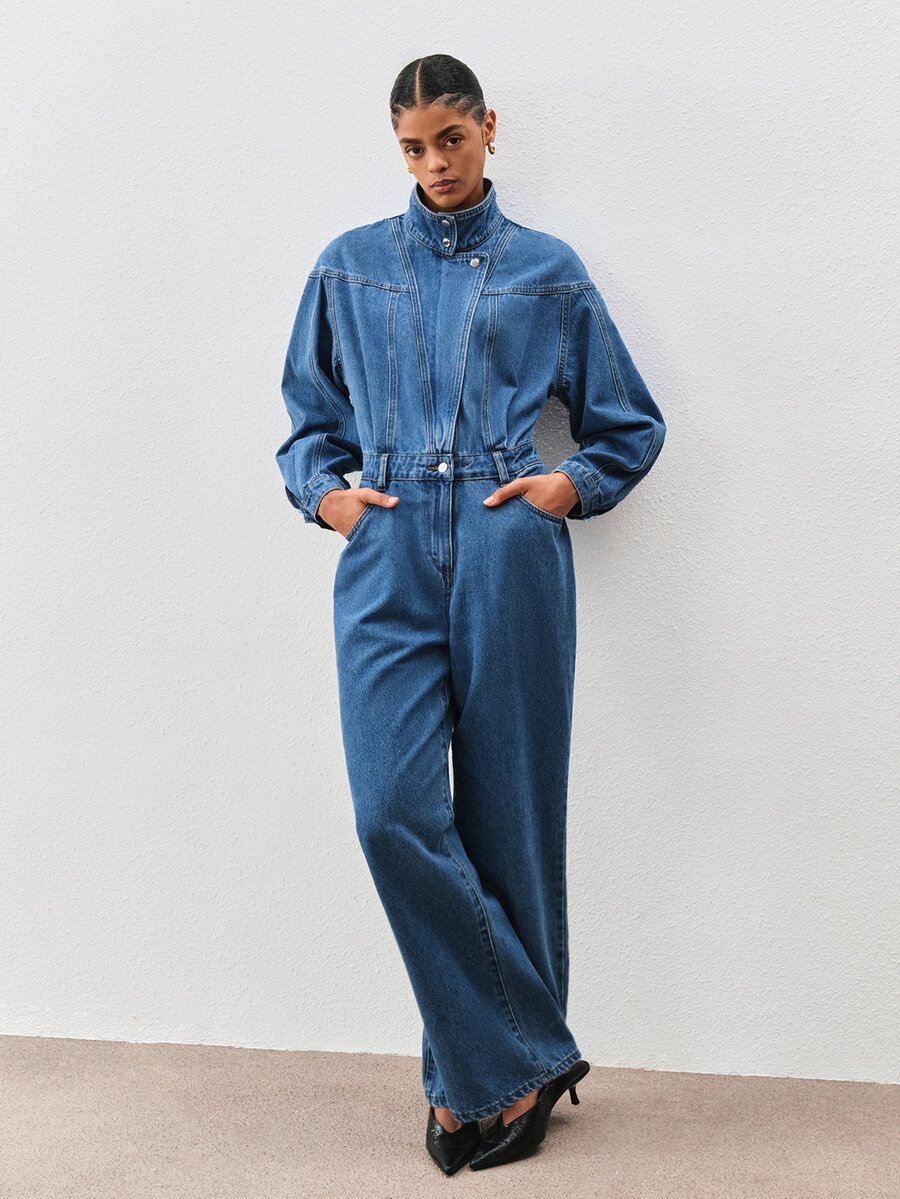 ATUI Studio Women's Long Sleeve Stand Collar Pocket Casual Denim Jumpsuit - Blue - View 1