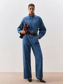 ATUI Studio Women's Long Sleeve Stand Collar Pocket Casual Denim Jumpsuit - Blue - View 2