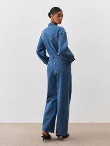 ATUI Studio Women's Long Sleeve Stand Collar Pocket Casual Denim Jumpsuit - Blue - View 6