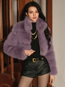 Anewsta European Women's Autumn/Winter Faux Fur Short Jacket, Plush Faux Fox Fur Coat - Purple - View 3