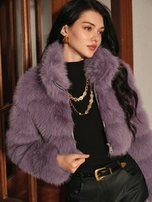 Anewsta European Women's Autumn/Winter Faux Fur Short Jacket, Plush Faux Fox Fur Coat - Purple - View 6