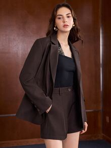 Anewsta Women's Suit Shorts Set, Casual Blazer And Pleated Shorts, Versatile Commuter Outfit For Autumn/Winter - Brown - View 6