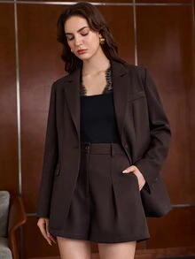 Anewsta Women's Suit Shorts Set, Casual Blazer And Pleated Shorts, Versatile Commuter Outfit For Autumn/Winter - Brown - View 7