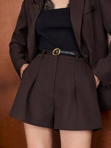 Anewsta Women's Suit Shorts Set, Casual Blazer And Pleated Shorts, Versatile Commuter Outfit For Autumn/Winter - Brown - View 1
