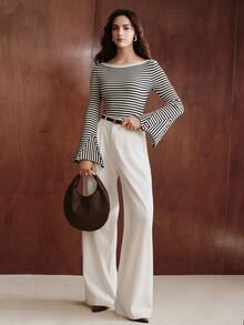 Anewsta Women's Knitted Striped Color Block Flared Sleeve Fitted Pullover Sweater - Black and White - View 6