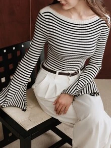 Anewsta Women's Knitted Striped Color Block Flared Sleeve Fitted Pullover Sweater - Black and White - View 2