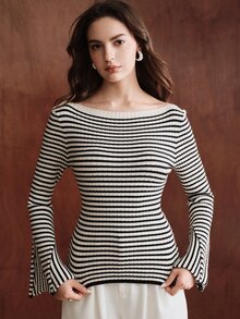 Anewsta Women's Knitted Striped Color Block Flared Sleeve Fitted Pullover Sweater - Black and White - View 3