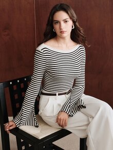 Anewsta Women's Knitted Striped Color Block Flared Sleeve Fitted Pullover Sweater - Black and White - View 4